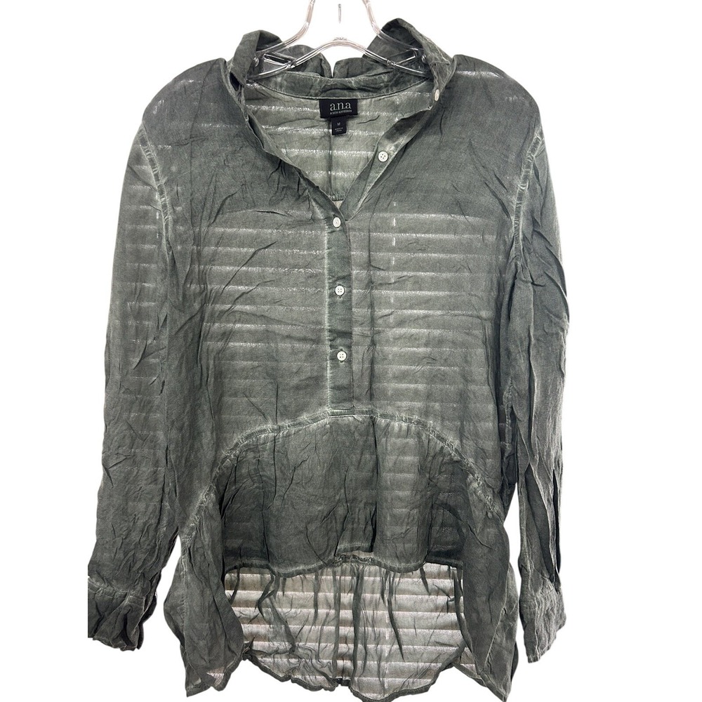 ana A New Approach Gray Sheer Striped High Low Long Sleeve Blouse Womens Medium